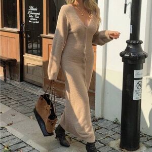 Beige V-Neck Button Front Knit Maxi Dress